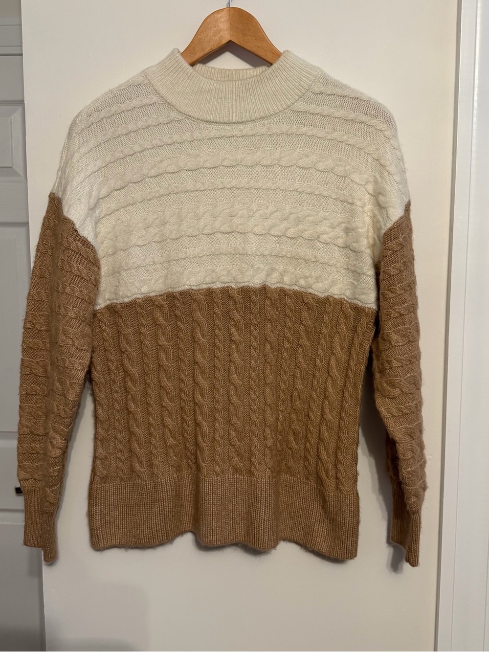 Chaps Cream and Brown Colorblock Cable Knit Turtleneck Sweater